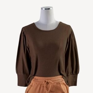 NWT Sz S Kate Quinn women's puff sleeve top fudge organic cotton skinny rib